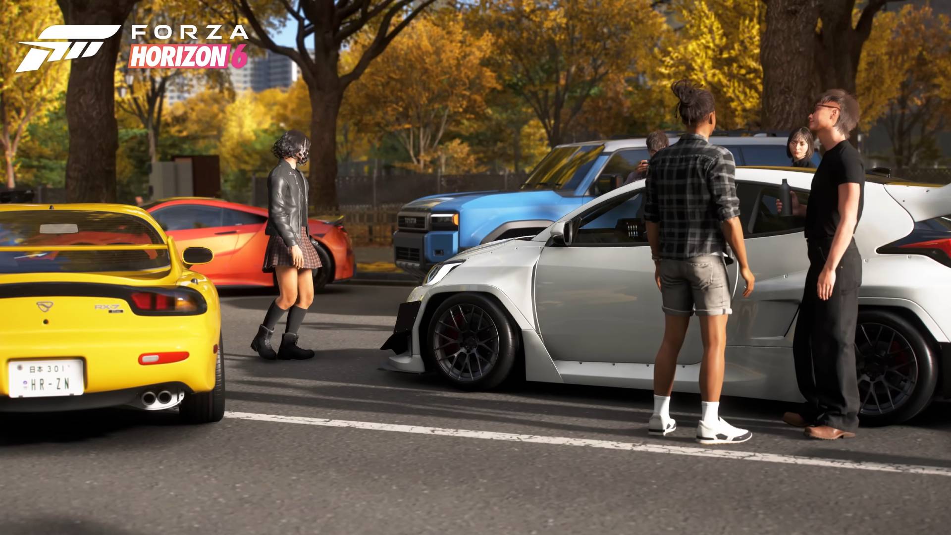 Forza Horizon 6 people standing next to cars at car hang out