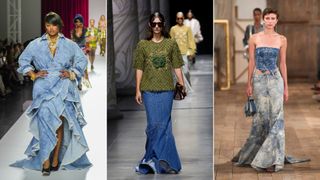 Three models wearing long denin maxi skirts down the catwalk in 2024