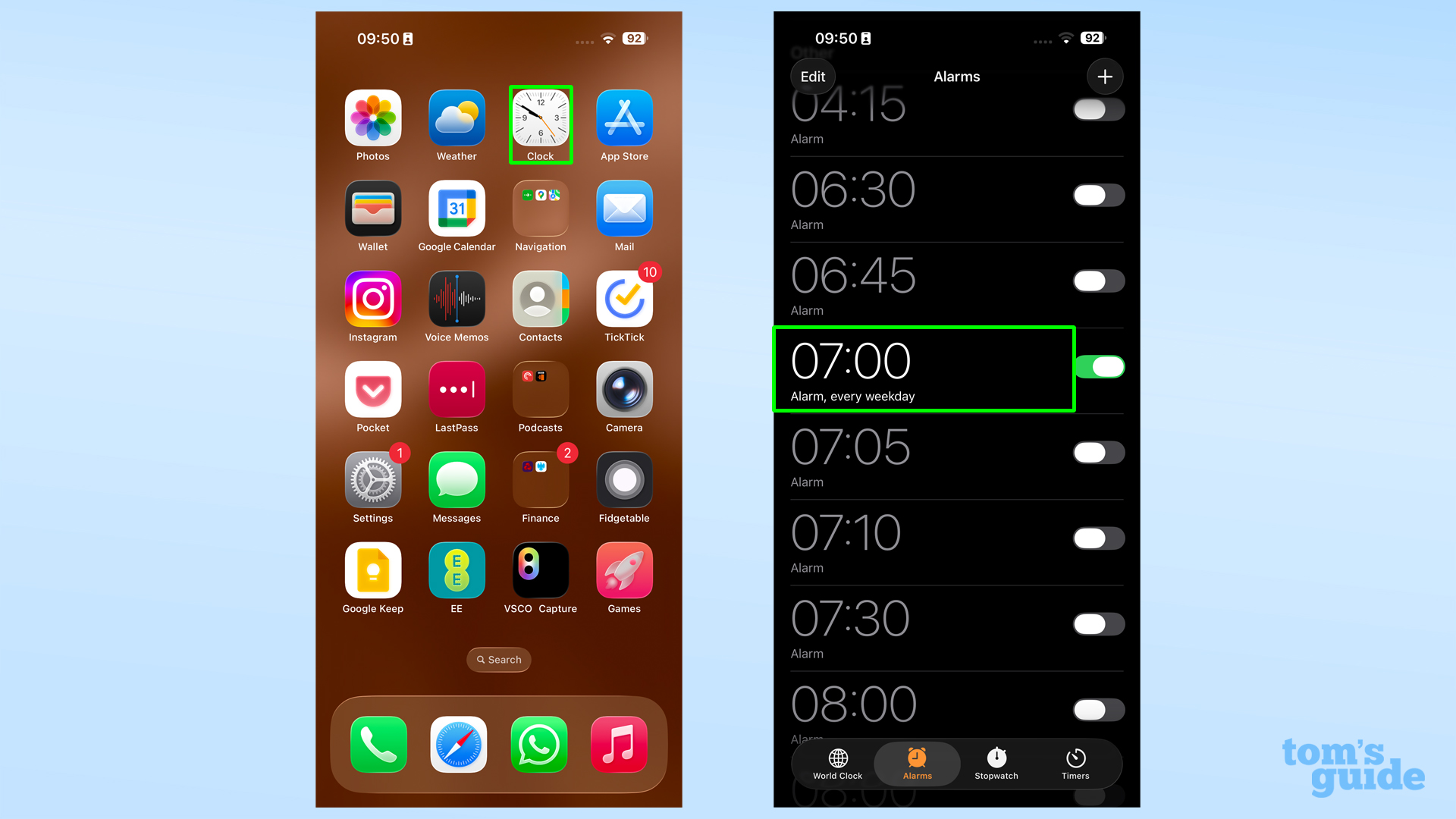 iOS 26 Clock app on home screen and alarm list