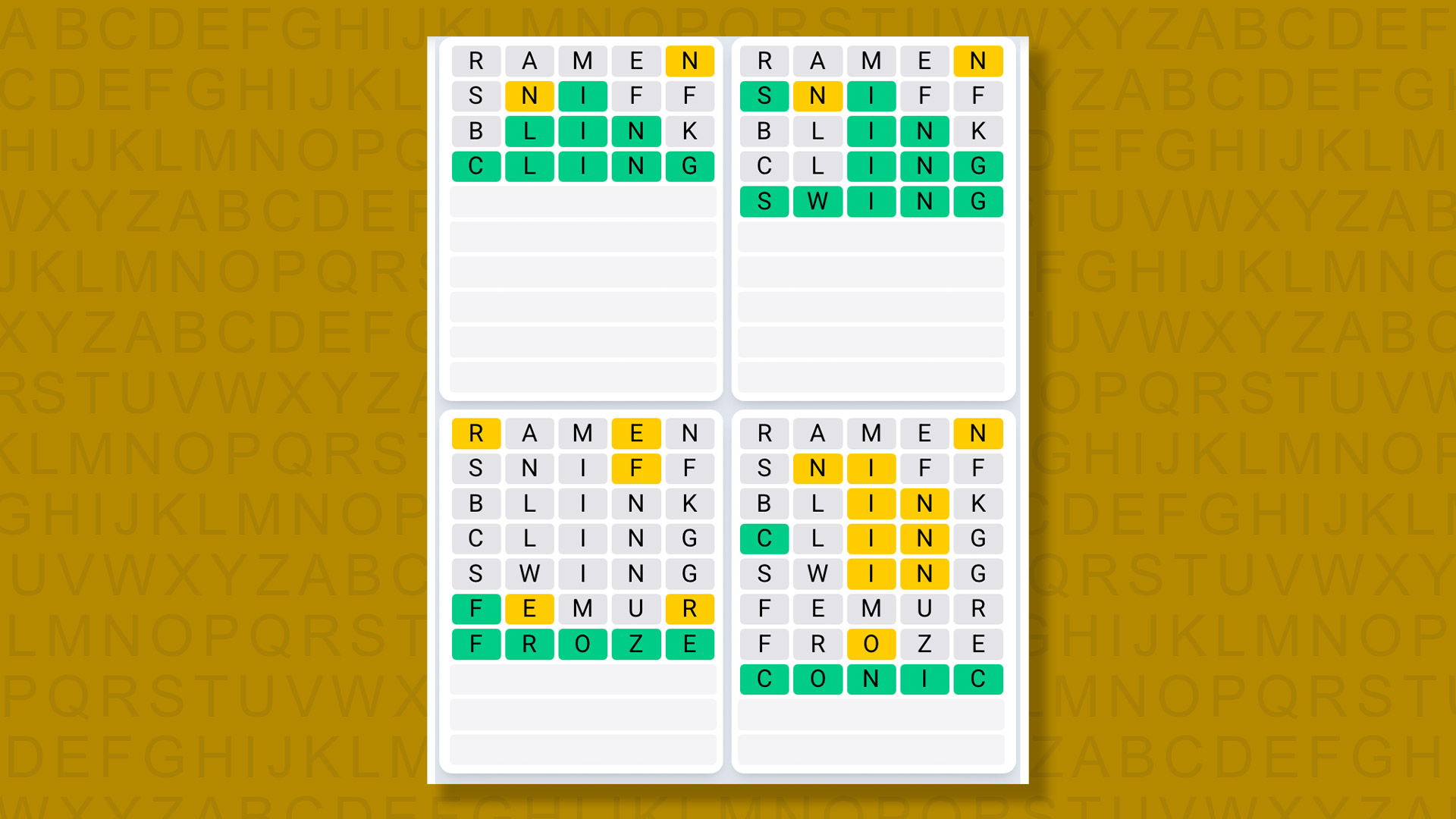 Quordle Daily Sequence answers for game #1620 on a yellow background