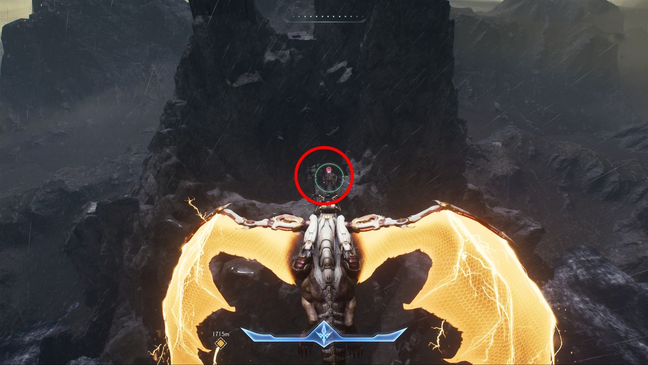 Doom: The Dark Ages Chapter 14 secrets - A circle bringing attention to a titan demon guarding a tower in the cliffs while the Doom Slayer prepares to fire on his dragon.