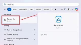 screenshot showing the Recycle Bin icon in the Start menu of Windows 11