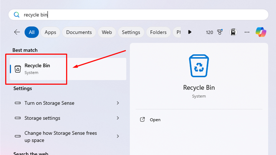 screenshot showing the Recycle Bin icon in the Start menu of Windows 11