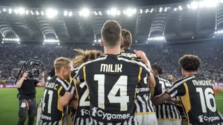 Image from the Coppa Italia 2024 Final, with a Sony Burano camera being used on a gimbal to film the celebrating Juventus team