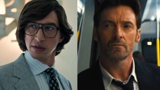 Screenshots of Adam Driver in House of Gucci and Hugh Jackman in Reminiscence