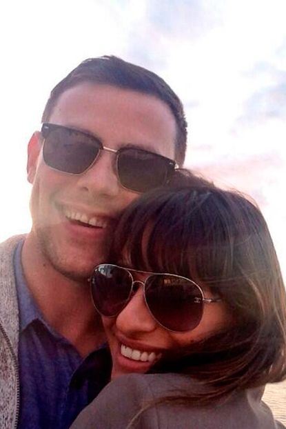 Lea Michele and Cory Monteith pose together on the beach