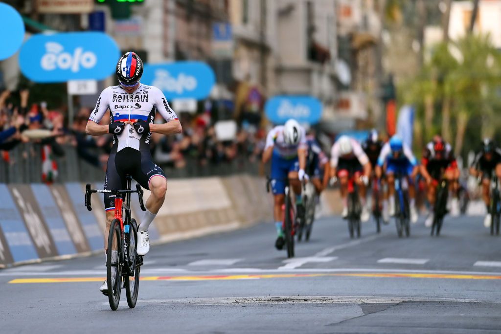 SANREMO ITALY MARCH 19 Matej Mohoric of Slovenia and Team Bahrain Victorious celebrates winning during the 113th MilanoSanremo 2022 a 293km one day race from Milano to Sanremo MilanoSanremo on March 19 2022 in Sanremo Italy Photo by Tim de WaeleGetty Images