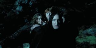 Severus Snape shields Harry Potter, Ron Weasley, and Hermione Granger from Werewolf Lupin