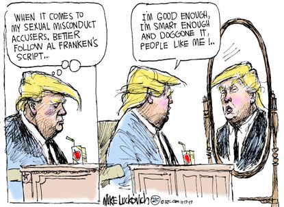 Political cartoon U.S. Trump Al Franken sexual assault harrassment