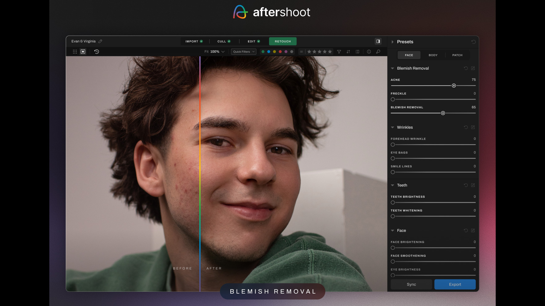 Aftershoot screenshot of portrait demonstrating the software's new AI Retouching tools