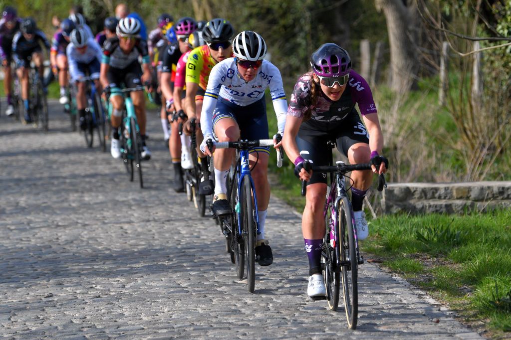 OUDENAARDE BELGIUM APRIL 04 Alison Jackson of Canada and Team Liv Racing Emilia Fahlin of Sweden and Team FDJ Nouvelle Aquitaine Futuroscope during the 18th Ronde van Vlaanderen Tour of Flanders 2021 Womens Elite a 1524km race frim Oudenaarde to Oudenaarde Cobblestones RVV21 rondevanvlaanderen tourofflanders UCIWWT on April 04 2021 in Oudenaarde Belgium Photo by Luc ClaessenGetty Images