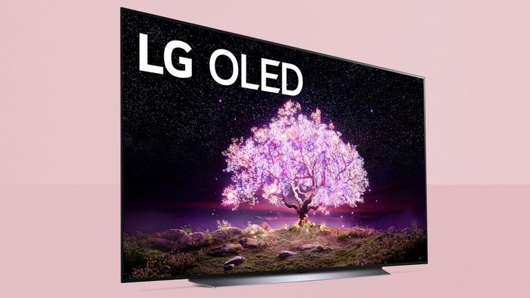 LG C1 OLED TV on pink background