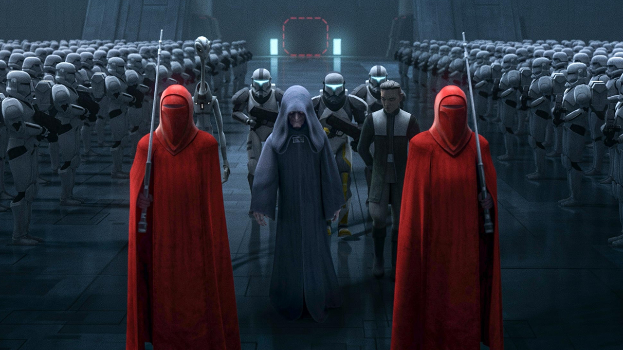 Emperor Palpatine flanked by Royal Guards in Star Wars: The Bad Batch.