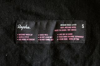 A Rapha Merino base layer care label