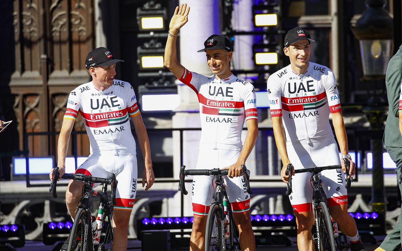 UAE Team Emirates show off their white shorts at the team presentation in Brussels
