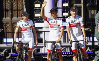 UAE Team Emirates show off their white shorts at the team presentation in Brussels