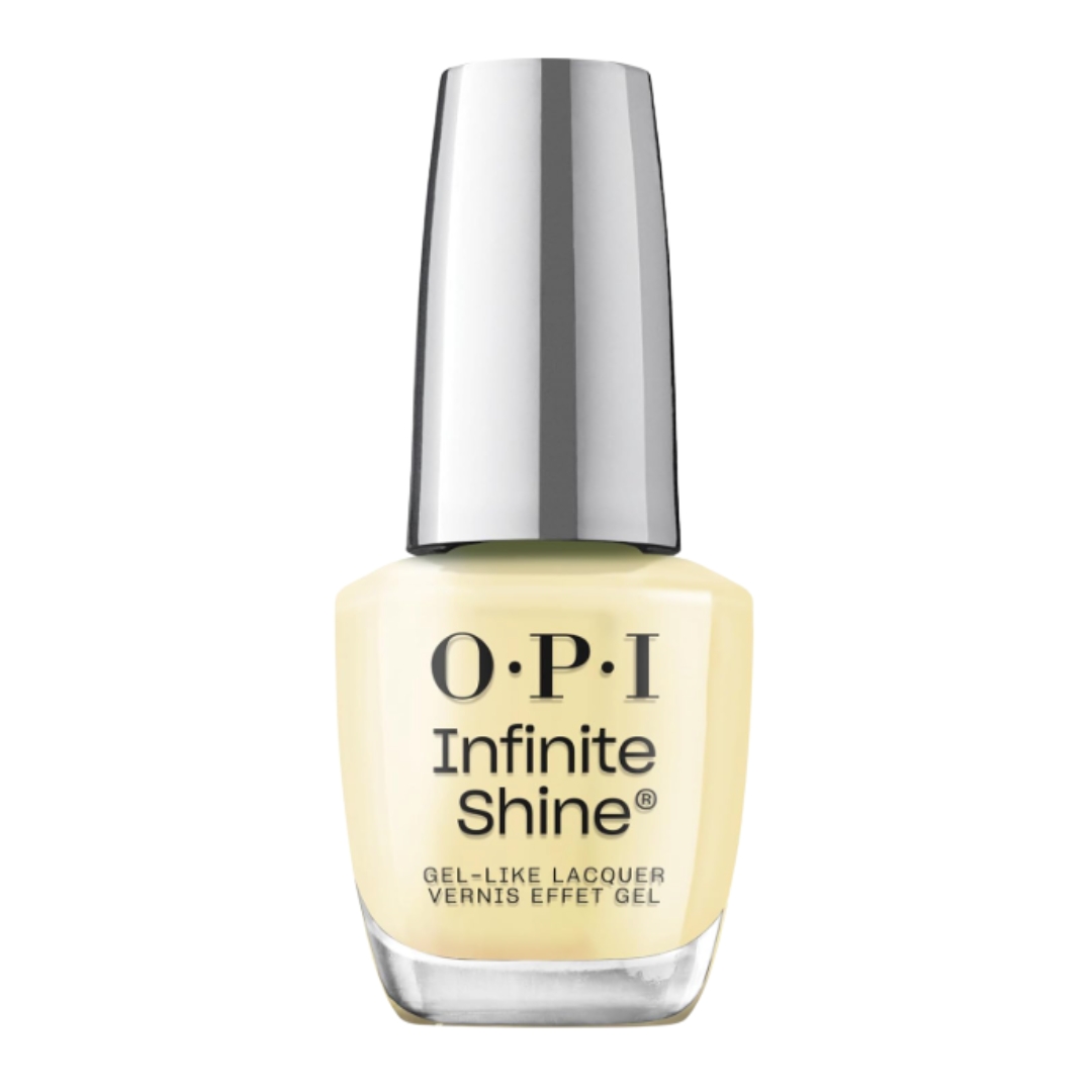 A product shot of the OPI Infinite Shine Nail Polish in the shade This Chic is Bananas ( a pastel yellow colour), on a white background