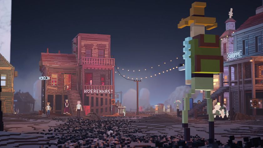 A voxel cowboy in a voxel old west town