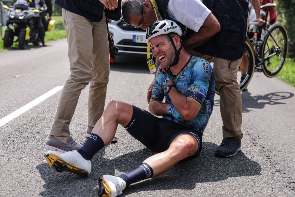 Astana Qazaqstan Teams British rider Mark Cavendish receives medical attention after suffering a crash during the 8th stage of the 110th edition of the Tour de France cycling race 201 km between Libourne and Limoges in central western France on July 8 2023 Mark Cavendish crashed out of the Tour de France on June 8 2023 after a fall 140km into stage eight left the star British cyclist with what appeared to be a broken collarbone Photo by Thomas SAMSON AFP Photo by THOMAS SAMSONAFP via Getty Images