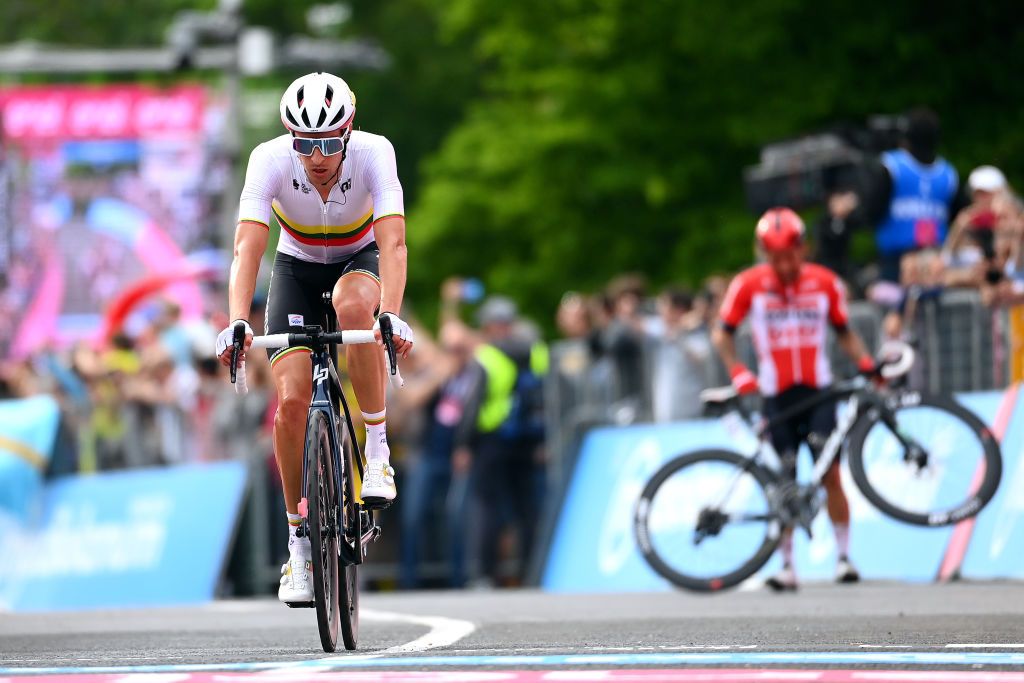VISEGRAD HUNGARY MAY 06 Ignatas Konovalovas of Lithuania and Team Groupama FDJ crosses the finish line during the 105th Giro dItalia 2022 Stage 1 a 195km stage from Budapest to Visegrd 337m Giro WorldTour on May 06 2022 in Visegrad Hungary Photo by Tim de WaeleGetty Images