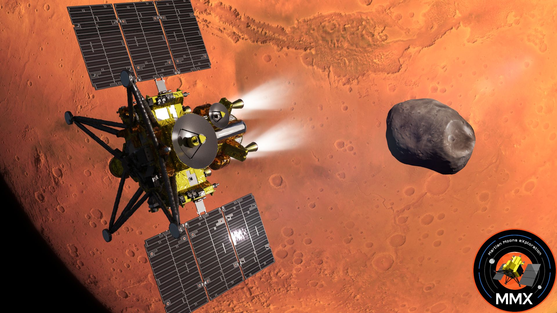 An artist's impression of the MMX probe flying toward Phobos with Mars in the background