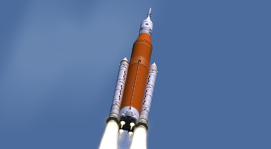 Artist's illustration of NASA's huge Space Launch System rocket in flight.