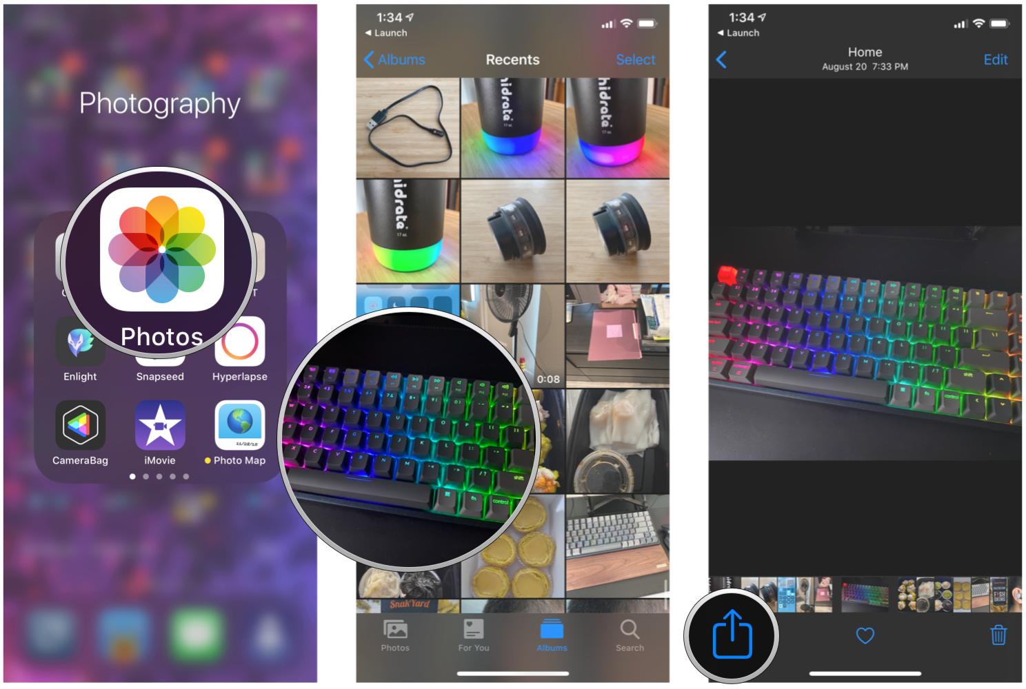 How to send a photo or video to the Files app from Photos on iPhone and iPad by showing steps: Launch Photos, select the photo or video you want, tap the Share button