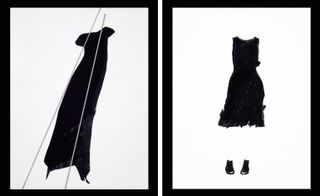 Left, a painting of a long black dress hanging from two grey beams. Right, a painting of a sleeveless knee length black dress and black shoes.