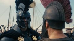 Matt Damon as Odysseus and Benny Safdie as Agamemnon in The Odyssey
