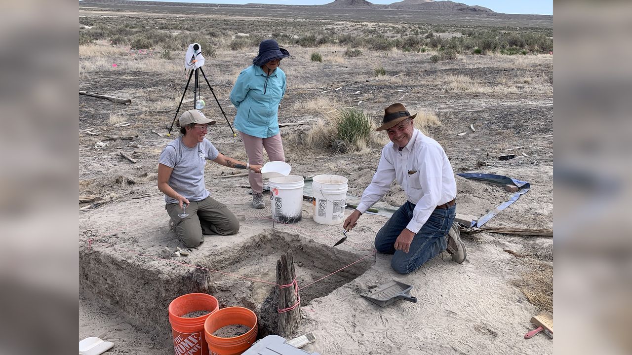 Archaeologists and volunteers dig at the Terrace ghost town site in northwest Utah. The Chinese Railroad Workers Descendents Association was also involved with volunteering, touring the site, and advocating for its protection. In this remote location, looting is common, and people walking off with artifacts might not even understand that what they're taking is the only history left of the Chinese community in this area from the late 1800s.