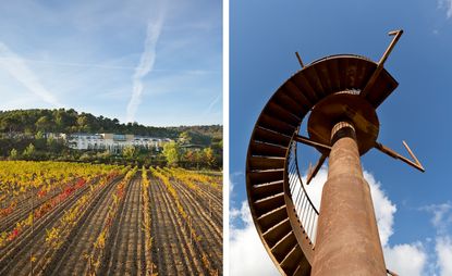 Two images. Left, a grape vineyard with a hotel behind it in the hills. Right, a steel tower surrounded by a spiraling staircase.