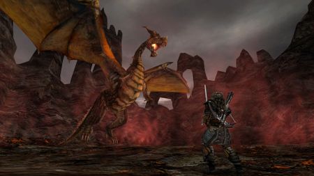 An armored knight faces off against a dragon in the original PC version of Gothic 2.
