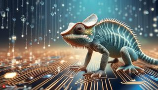 Adobe Firefly image of a chameleon sitting on a computer chip