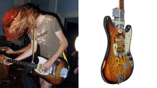 Kurt Cobain (left), his battered 1973 Fender Mustang