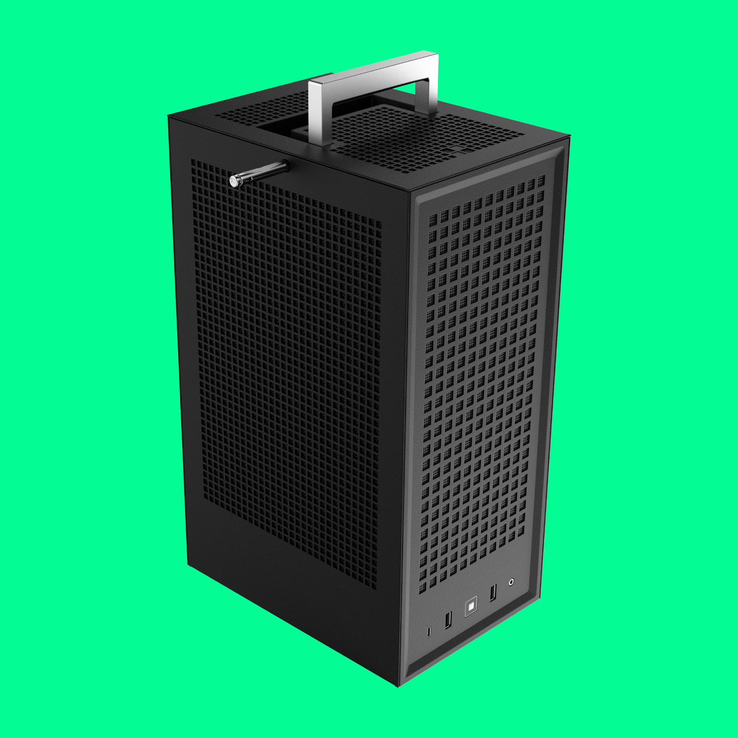 The Hyte Revolt 3 Mini-ITX case on a green background