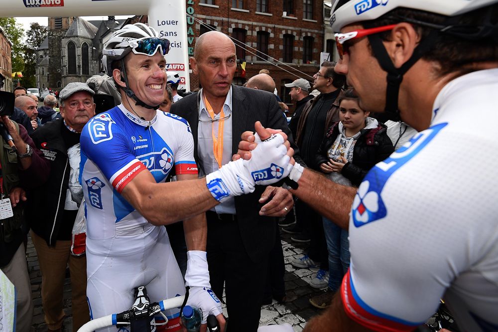 Teammates congratulate Arnaud Demare after he won 2016 Binche-Chimay-Binche