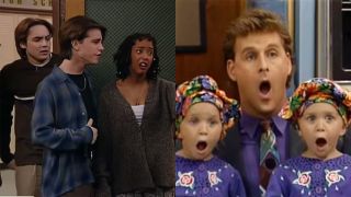 Side-by-side screenshots of Rider Strong, Will Friedle and Trina McGee looking scared in a school doorway and The Olsen twins and Dave Coulier looking scared with mouths open on Full House.