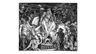 A black and white illustration of Attila the Hun after the Battle of the Catalaunian Plains, on June 20, 451 AD. Attila is standing casually in the center wearing a crown, armor, and a long tabard with a sword in his right hand and a morning star in his left. He's standing on a small plinth and surrounded by his armed warriors, some kneeling before him. in the background you can see several trumpeters and banners waving to celebrate their victory.