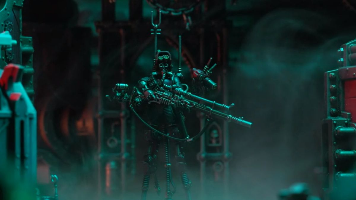 A stilt-wearing sniper stares out from the darkness
