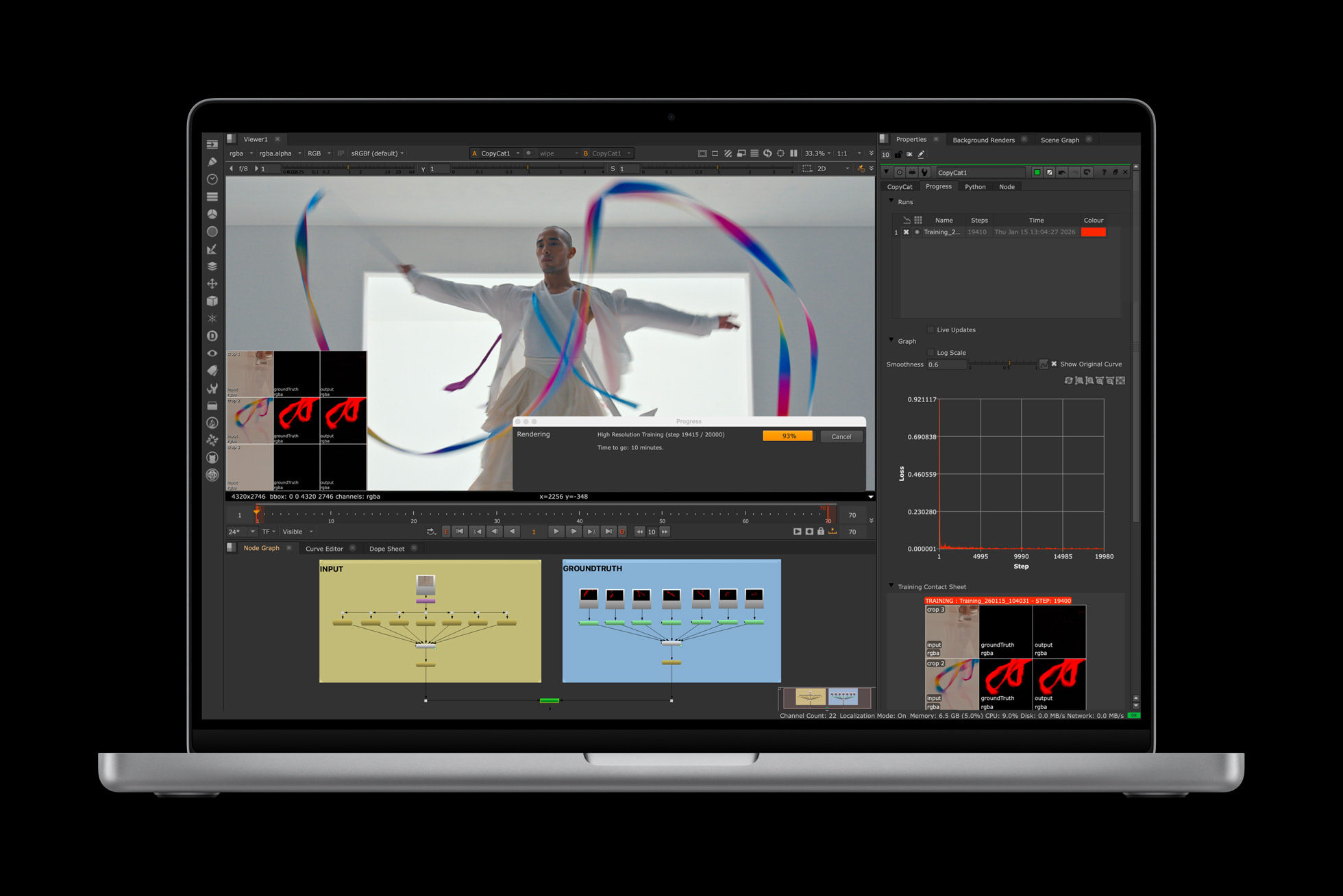 A MacBook Pro shows the NukeX interface during a rendering process, featuring a video of a dancer and various node-based compositing graphs.