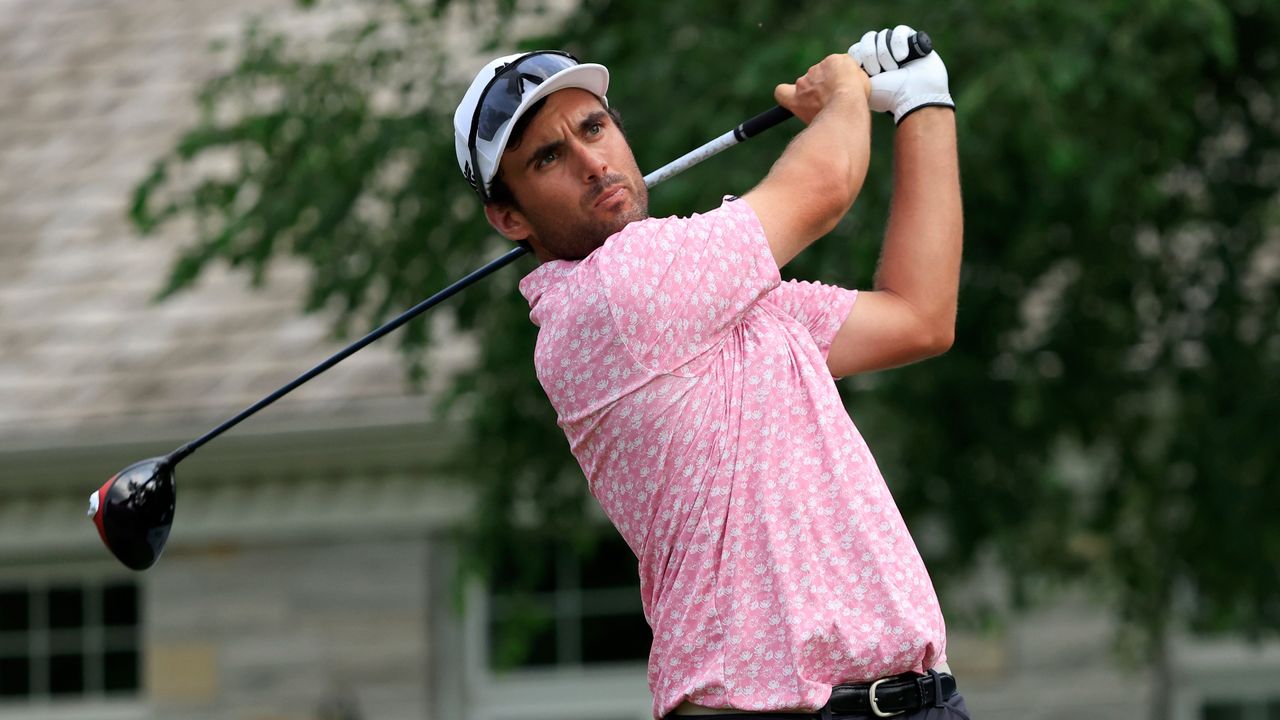 Ryan McCormick of the United States plays his shot from the seventh tee during the second round of the NV5 Invitational presented by Old National Bank at The Glen Club