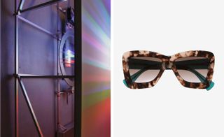 Left: side view of Troika spatial design installation; Right: front view of Roksanda sunglasses made of acetate in different colourways