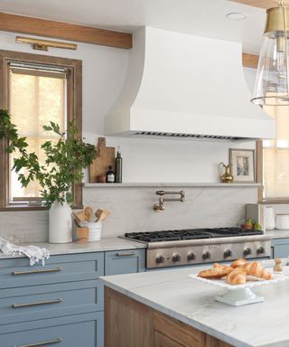 A blue and white kitchen with a large plant, white range hood, and a wooden island with a marble top