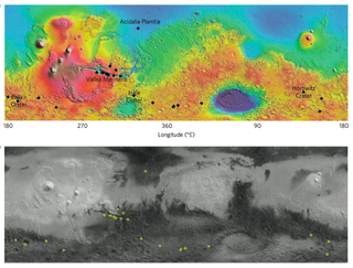 Map of the confirmed locations of dark streaks, or recurring slope lineae, on Mars.