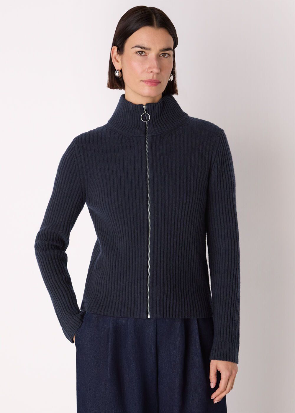 Navy Wool Zip Front Rib Cardigan