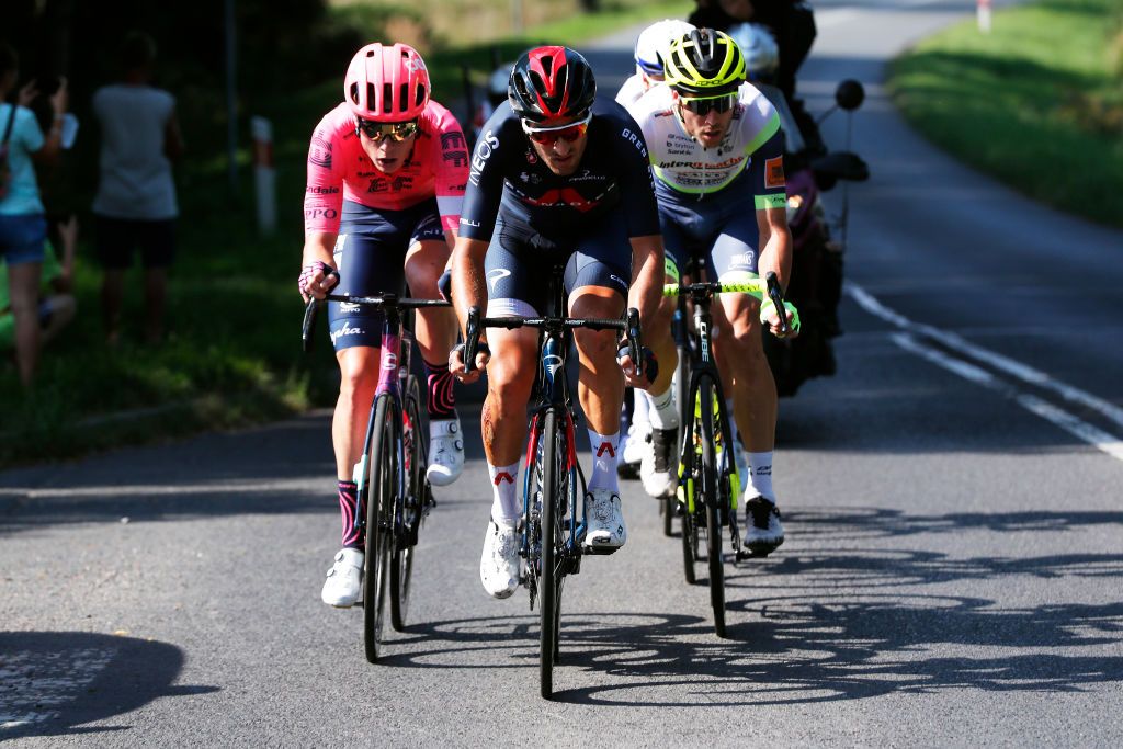 KRAKOW POLAND AUGUST 15 LR Julius Van Den Berg of The Netherlands and Team EF Education Nippo Gianni Moscon of Italy and Team INEOS Grenadiers and Pieter Vanspeybrouck of Belgium and Team Intermarch Wanty Gobert Matriaux in the Breakaway during the 78th Tour de Pologne 2021 Stage 7 a 145km stage from Zabrze to Krakw TourdePologne TDP2021 UCIWT on August 15 2021 in Krakow Poland Photo by Bas CzerwinskiGetty Images