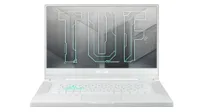 图片的华硕TUF Dash F15笔记本电脑从前面与屏幕打开。笔记本电脑是白色的