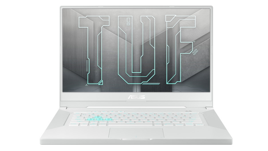 Image of the Asus TUF Dash F15 laptop from the front with the screen open. The laptop is white