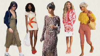 Tamara Mory wearing a green polka dress with a black cardigan, and black purse; Emmanuelle wearing a Mango x Siedres floral dress with a white bag and red heels; Tamara Mory wearing a zebra-print long-sleeve maxi dress; Emili Sindlev wearing a red and white starfish-print jacket and skirt with red heels and a white handbag; Grece Ghanem wearing plaid capri pants, flip-flops, a yellow top, and beige handbag.