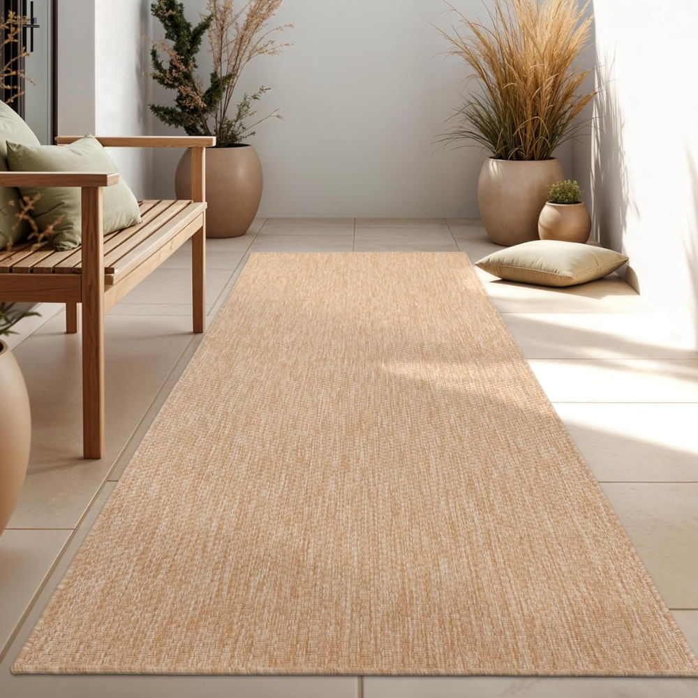Light brown outdoor runner rug on patio